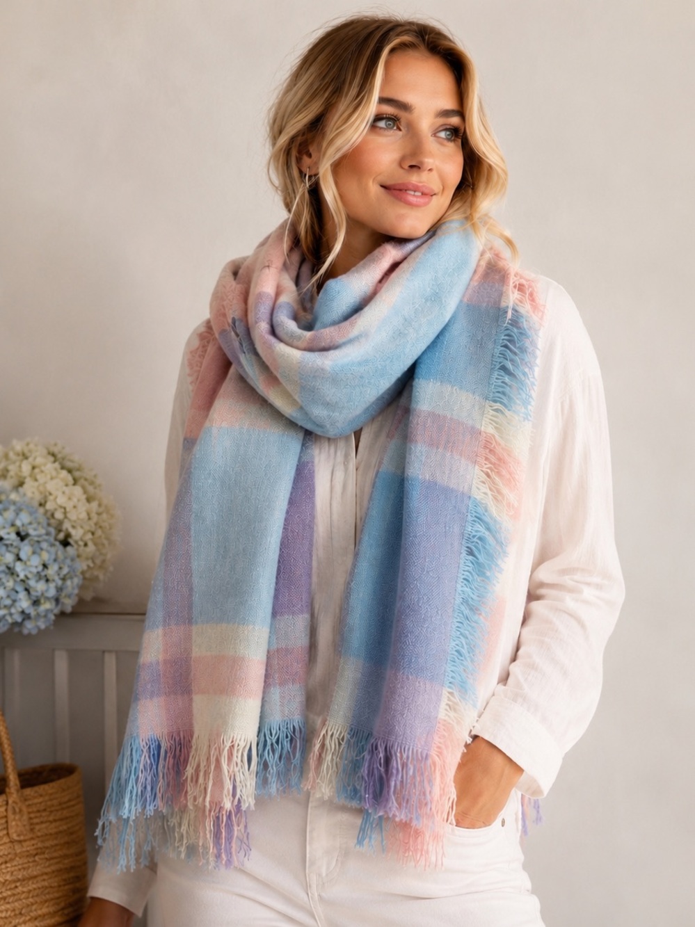 Pastel Plaid Oversized Fringe Blanket Scarf Shawl Wrap